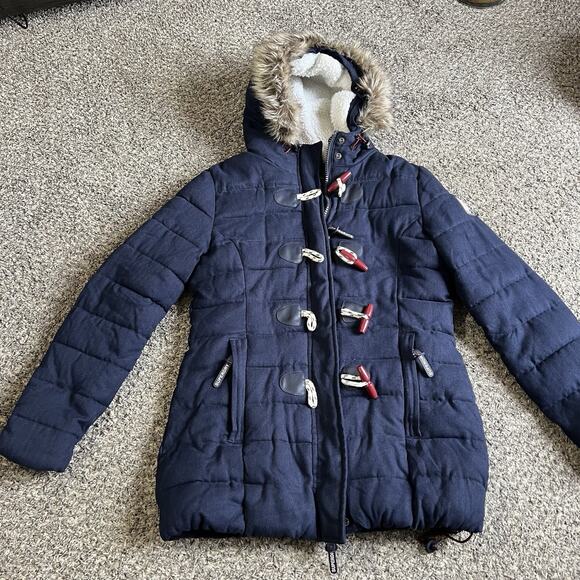 Superdry Tall Marl Toggle Puffer Jacket US 10 Navy Blue Hooded Faux Fur Trim - Picture 1 of 9